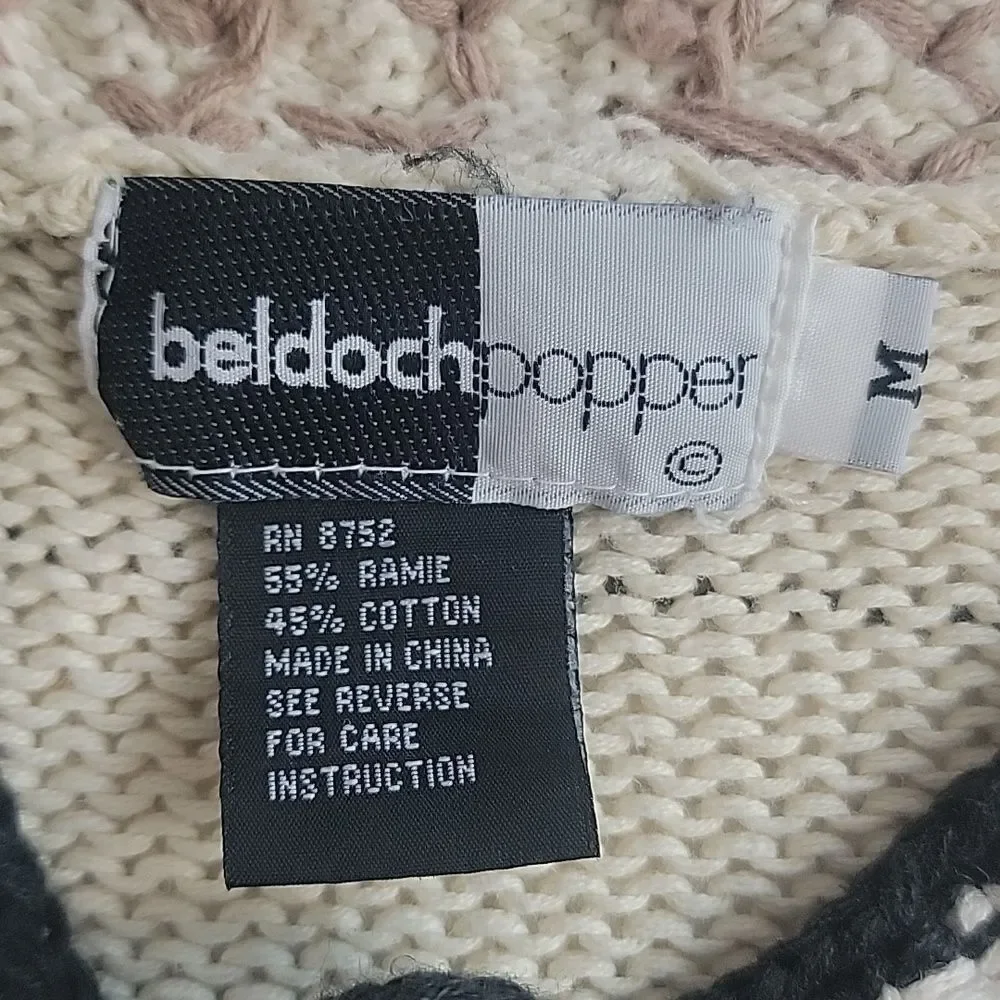 Beldoch Popper Vintage Floral Heart Heavy Knit Cream Sweater Womens Size M